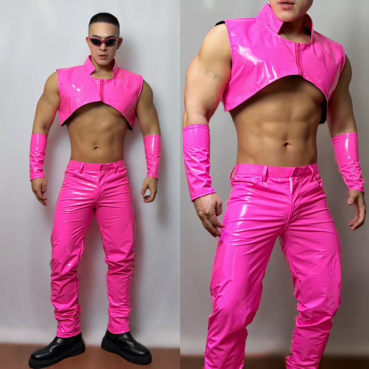 Board Game Yogi - Sexy Fluorescent Pink Leather Vest Pants